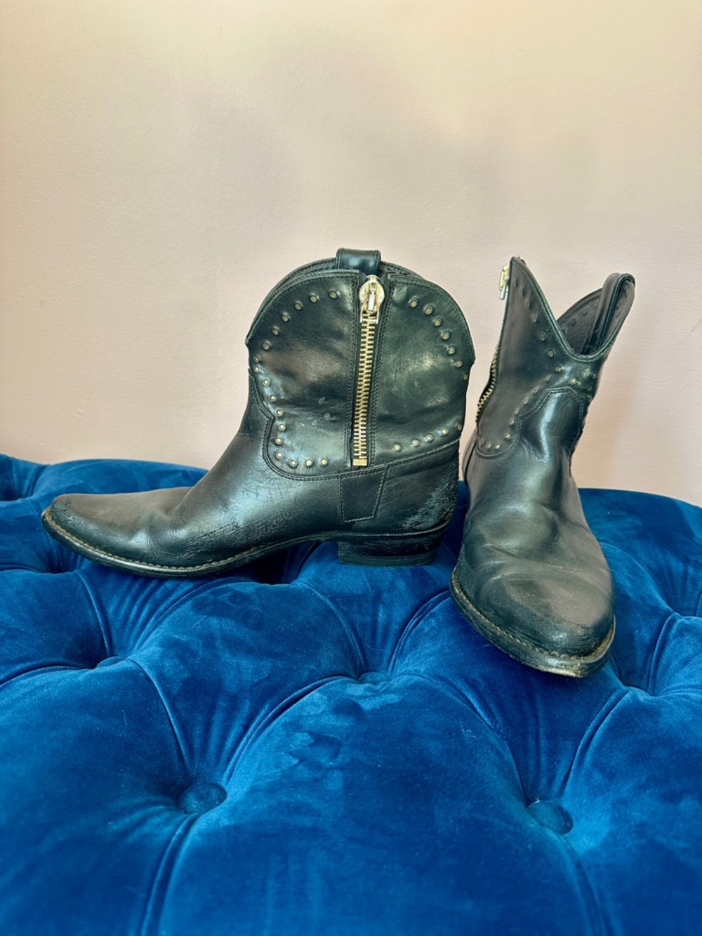 Women’s Golden Goose Black Leather Western Ankle Boots with gold leather inlays